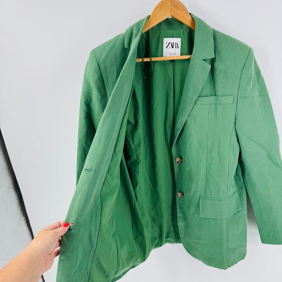 Zara Women’s Green Linen Blend Blazer Size Small Oversized Workwear Layering - Picture 5 of 6